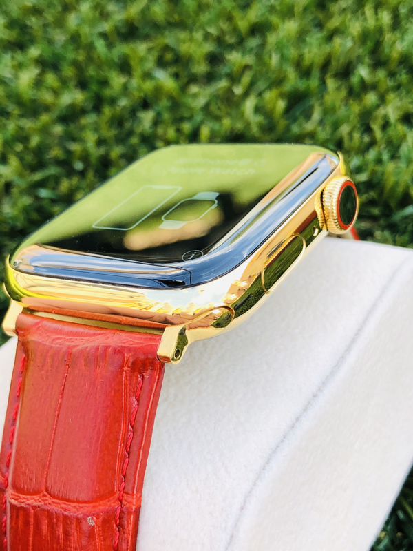 Custom 24K Gold 44mm Apple Watch Series 5 with Red Alligator 