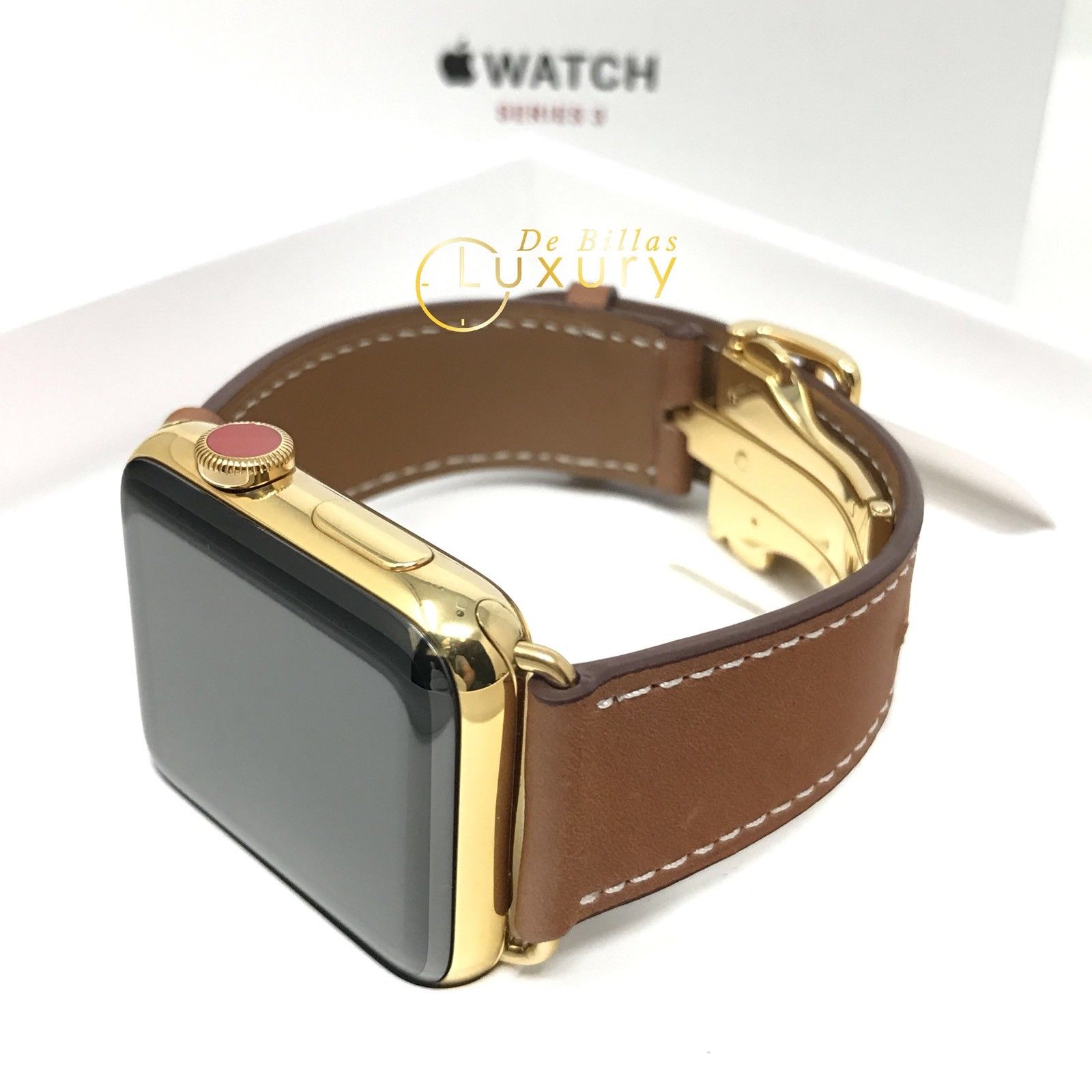 Brown Leather Band Gold Buckle fits any 42 44 45mm Apple Watch